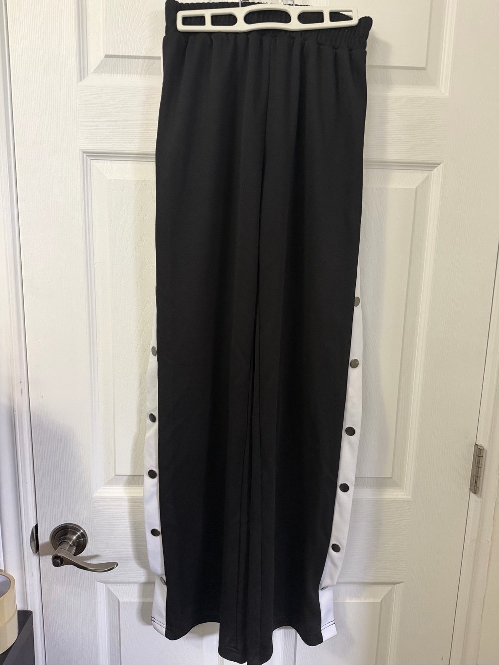 Women’s Black Snap-Button Track Pants with White Side Panels